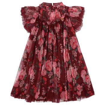 Girls Red Floral Ruffled Tulle Hettie Dress