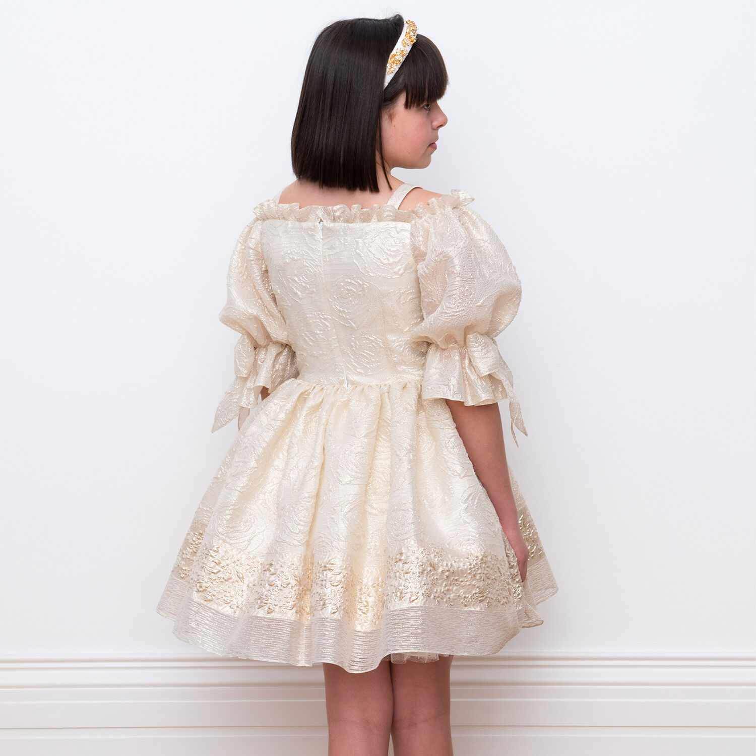 Girls Ivory & Gold Brocade Dress, 1, hi-res image number null