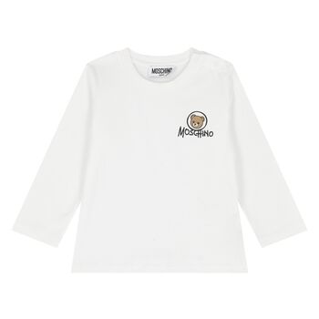 Younger White Teddy Bear Logo Long Sleeve Top