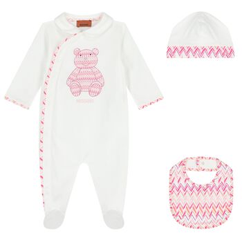 Baby Girls White & Pink Teddy Bear Zig Zag Babygrow Gift Set