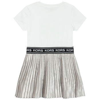 Girls White & Silver Logo Dress