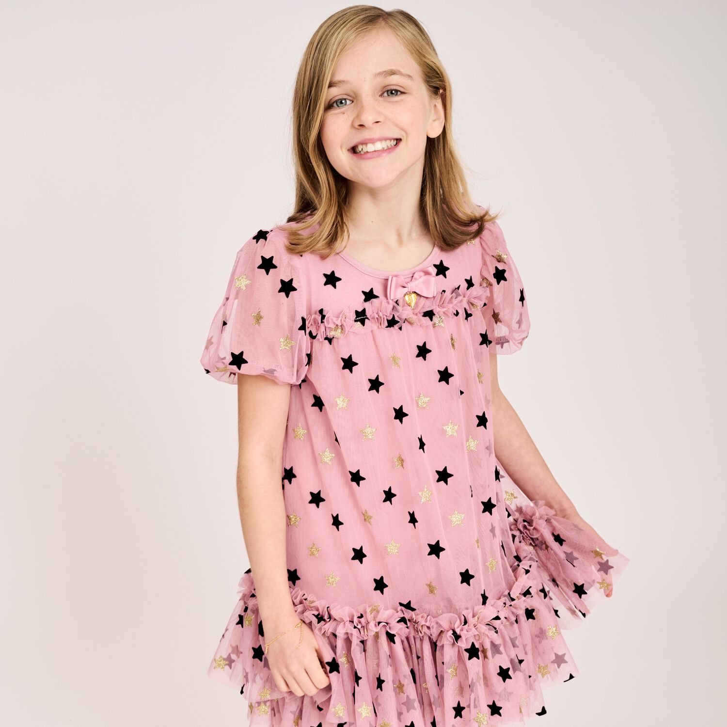 Girls Pink, Gold & Black Stars Tulle Dress, 1, hi-res
