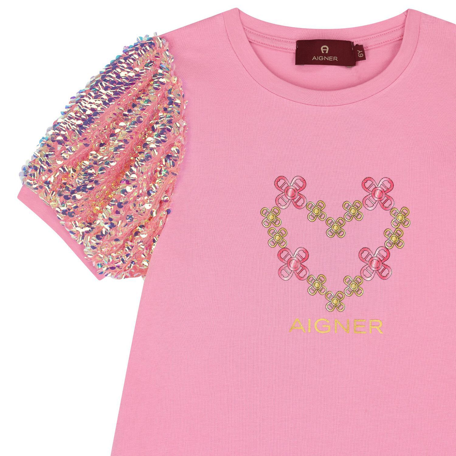 Girls Pink Heart Logo Sequins Dress, 1, hi-res image number null