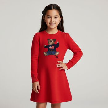 Girls Red Polo Bear Knitted Dress