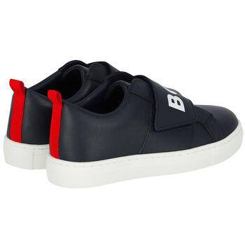 Boys Navy Blue Leather Logo Trainers