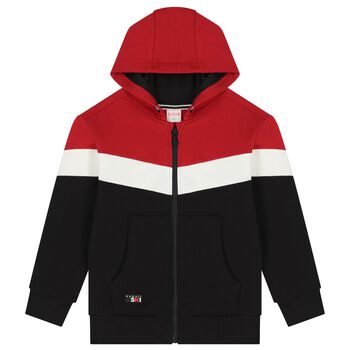 Boys Red, Black & White Hooded Zip Up Top