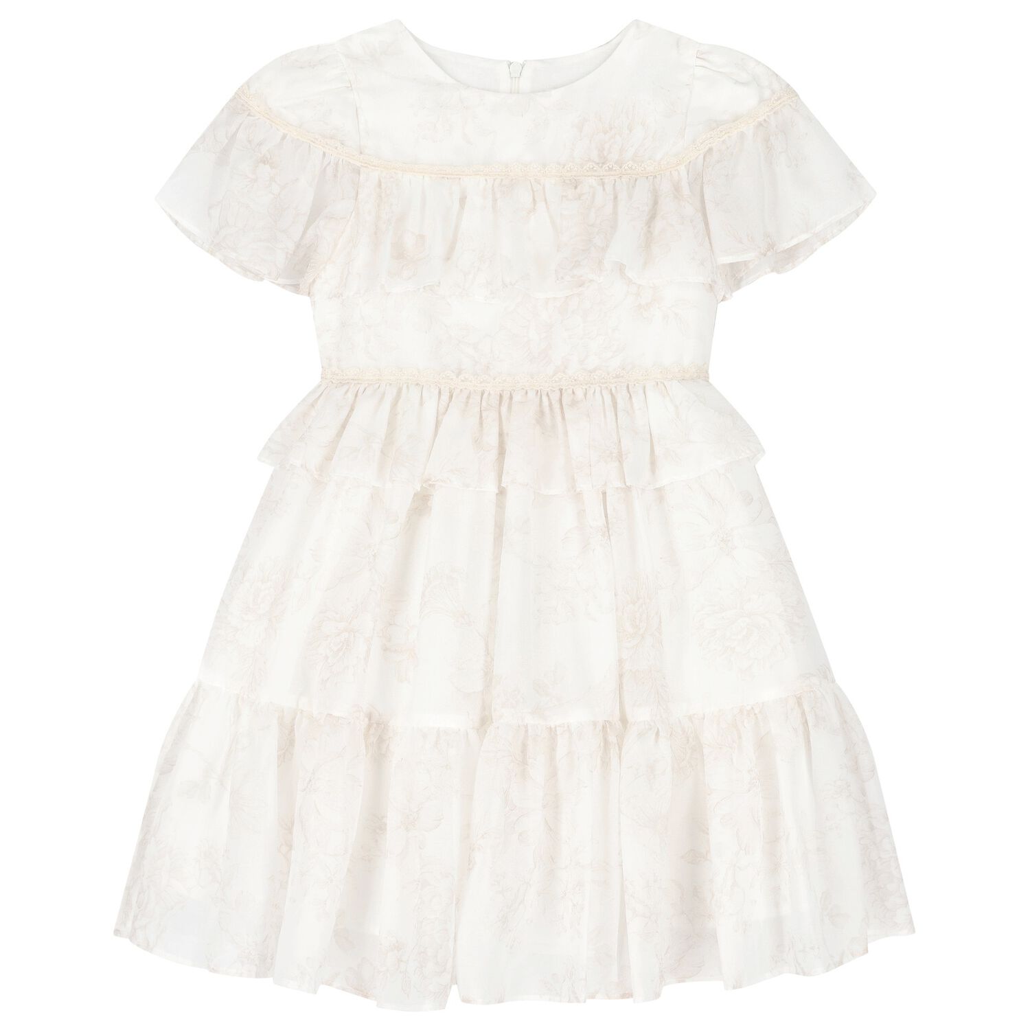 Girls Ivory Floral Tiered Dress, 1, hi-res