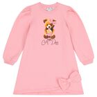 Girls Pink Logo Teddy Bear Sweatshirt Dress, 1, hi-res