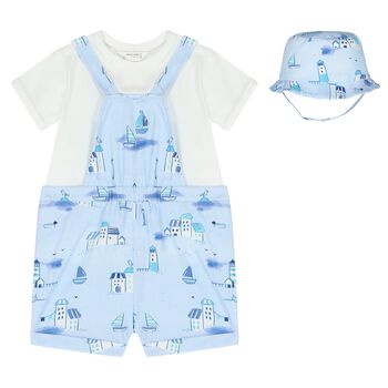 Baby Boys Blue & White Dungaree & Hat Set