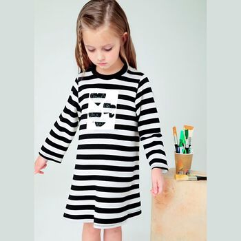 Girls Ivory & Black Striped Dress
