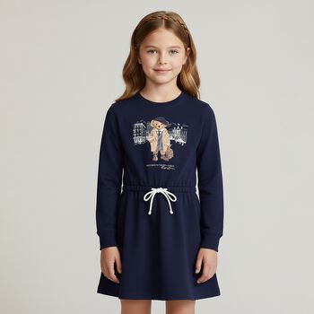Girls Navy Blue Polo Bear Dress, 1 Girls Navy Blue Polo Bear Dress
