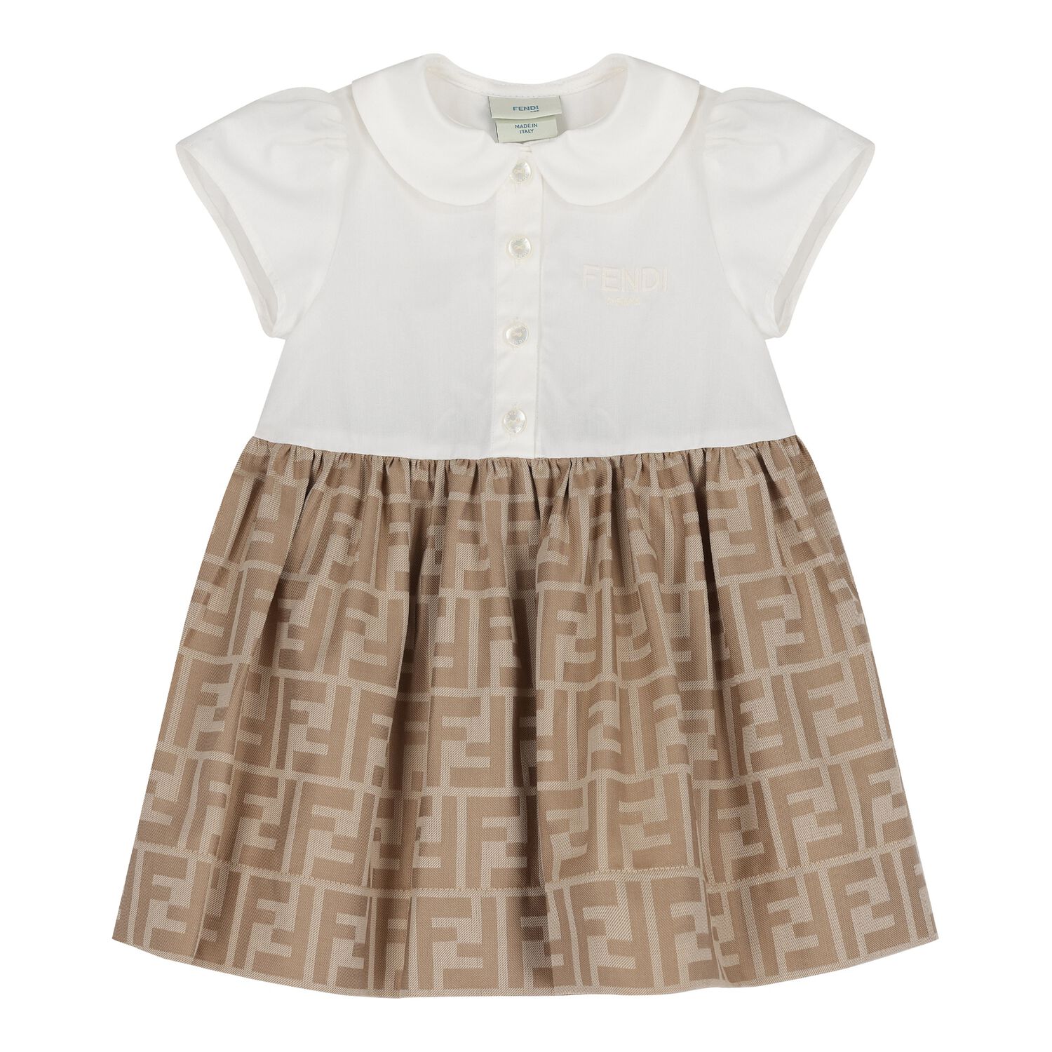 Baby Girls White & Beige FF Logo Dress, 1, hi-res