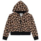 Girls Black Teddy Bear Hooded Zip Up Top, 1, hi-res