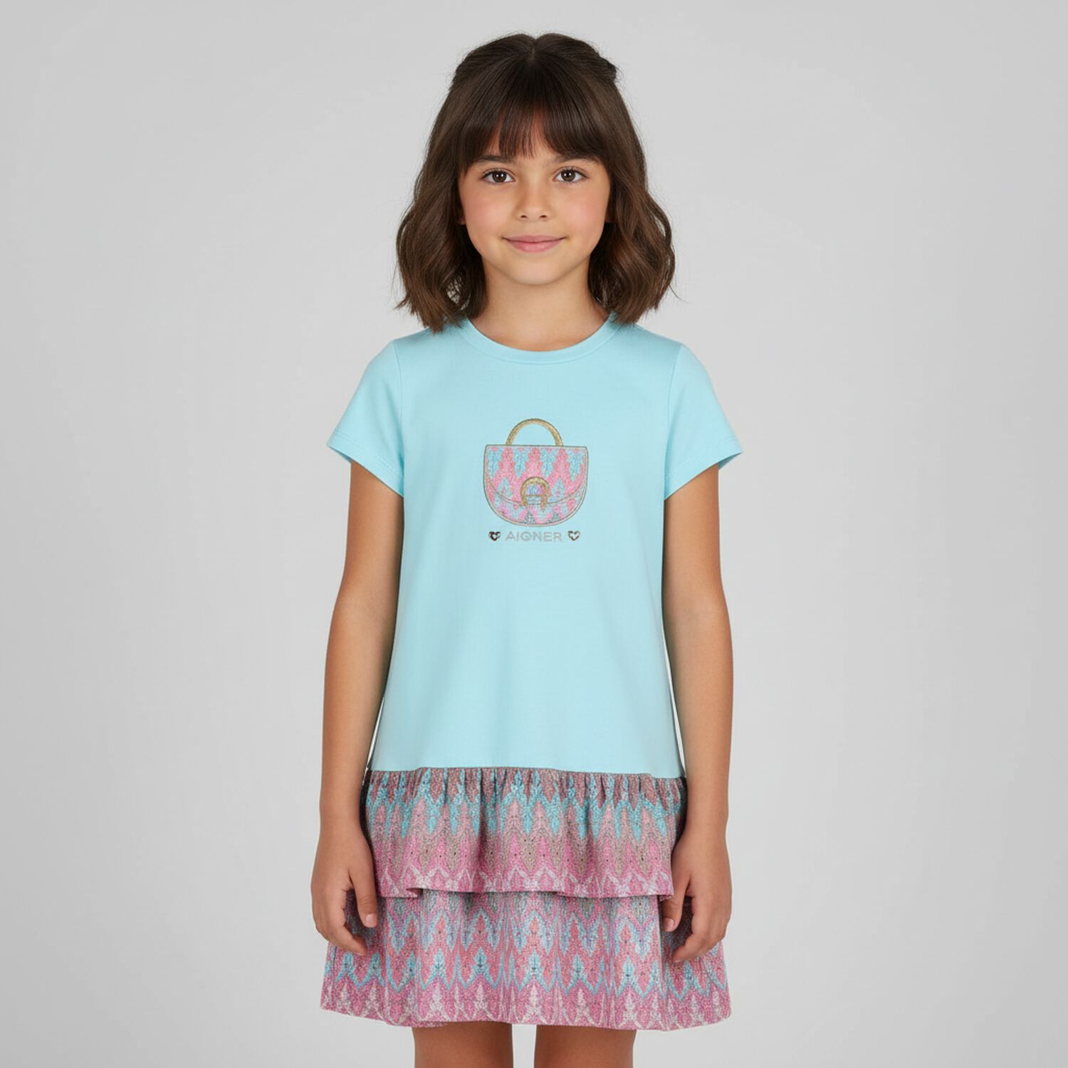 فستان بنات بطبعة حقيبة بالشعار باللون الأزرق, 2, hi-res