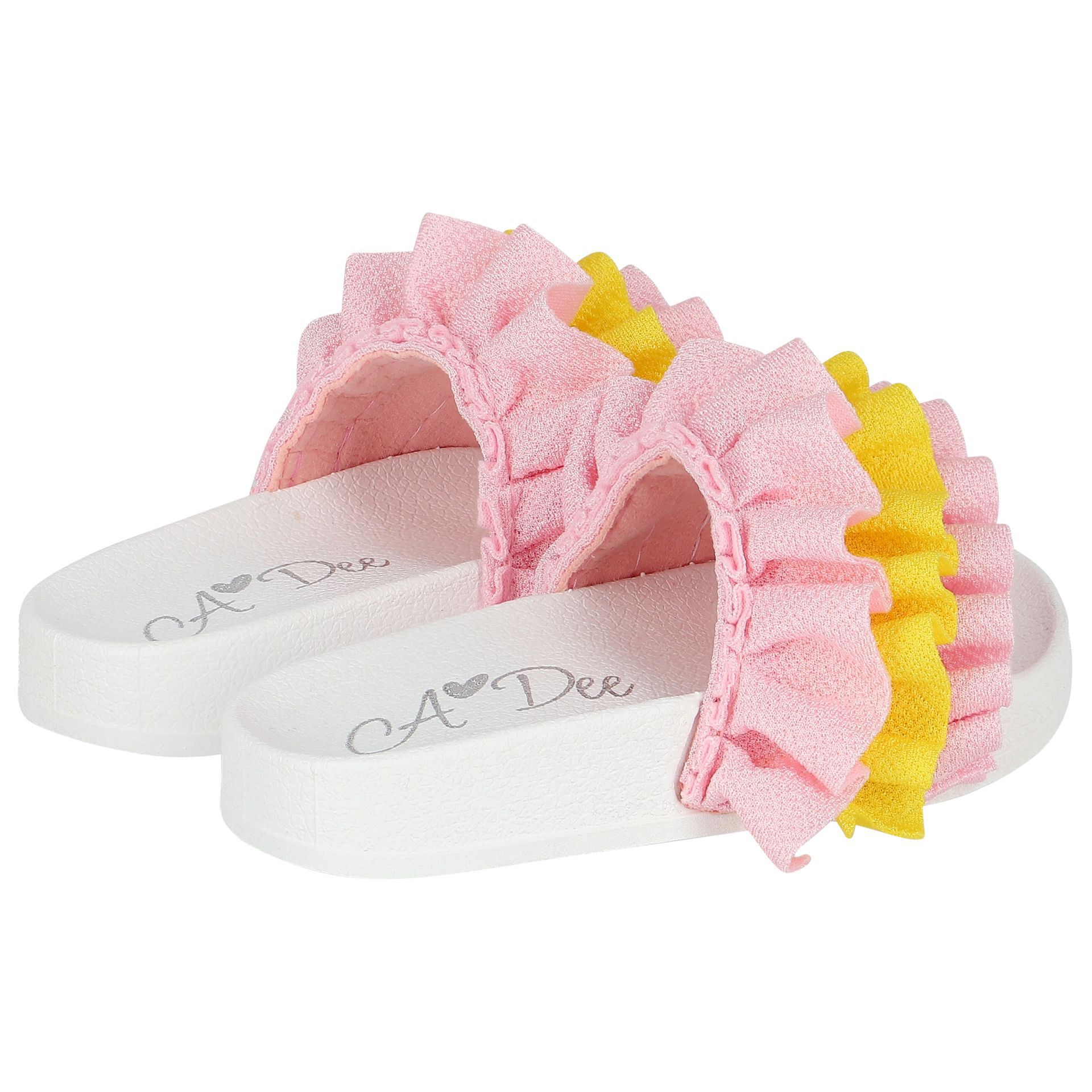 A Dee Girls Pink Yellow Ruffle Sliders Junior Couture UAE