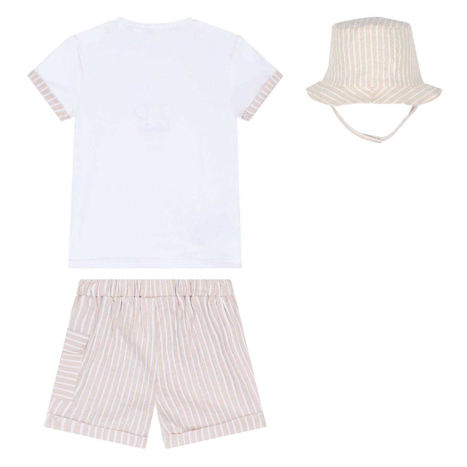 Baby Boys White & Beige Striped Shorts & Hat Set, 1, hi-res image number null