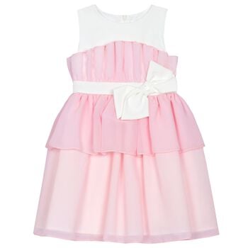Girls White & Pink Bow Tiered Dress