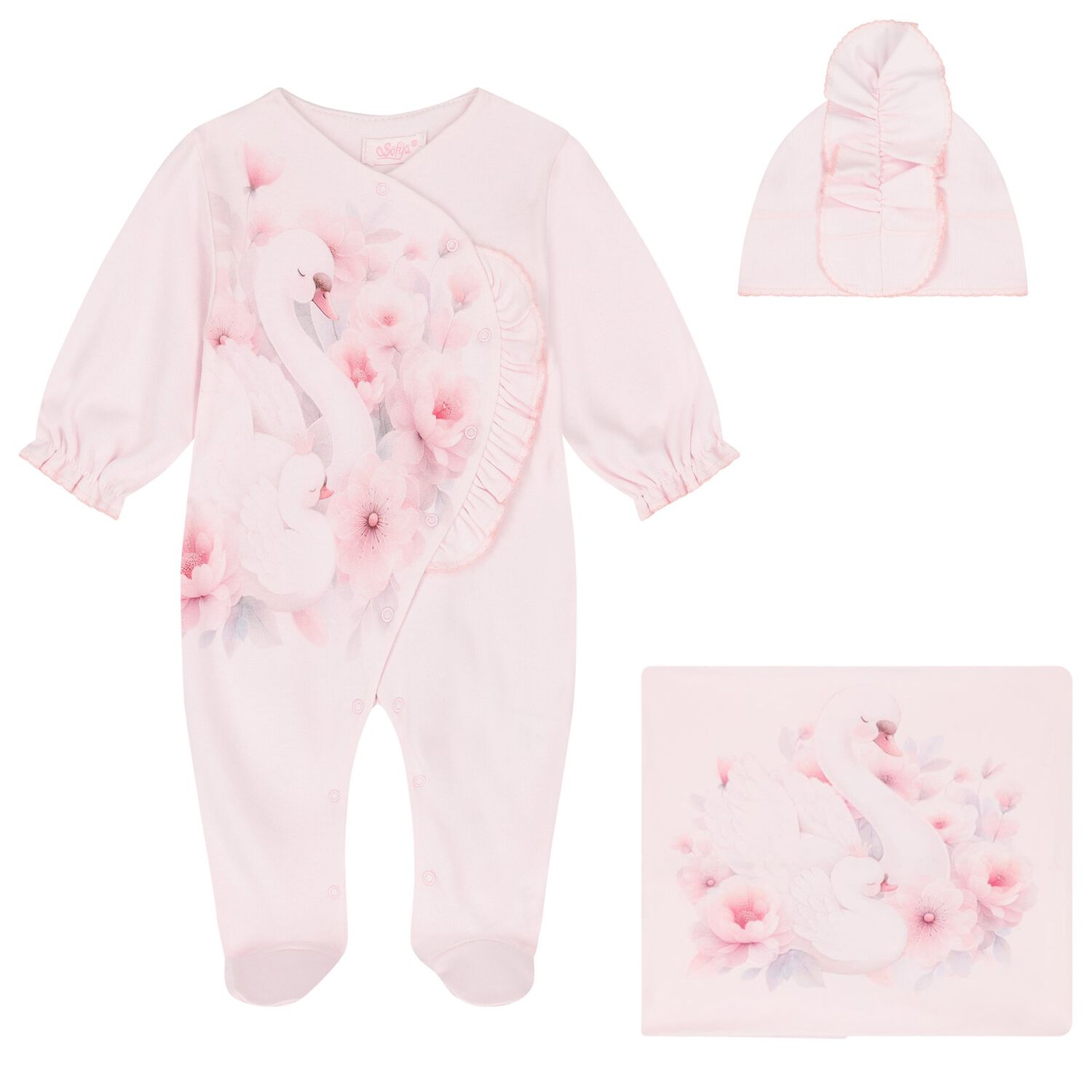 Baby Girls Pink Swan Babygrow Set, 1, hi-res image number null