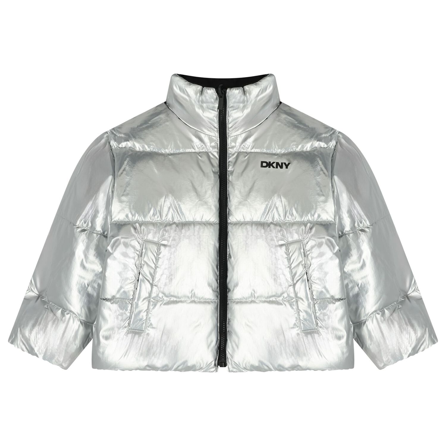 جاكيت منفوخ قابل للعكس بشعار فضي وأسود للبنات, 1, hi-res