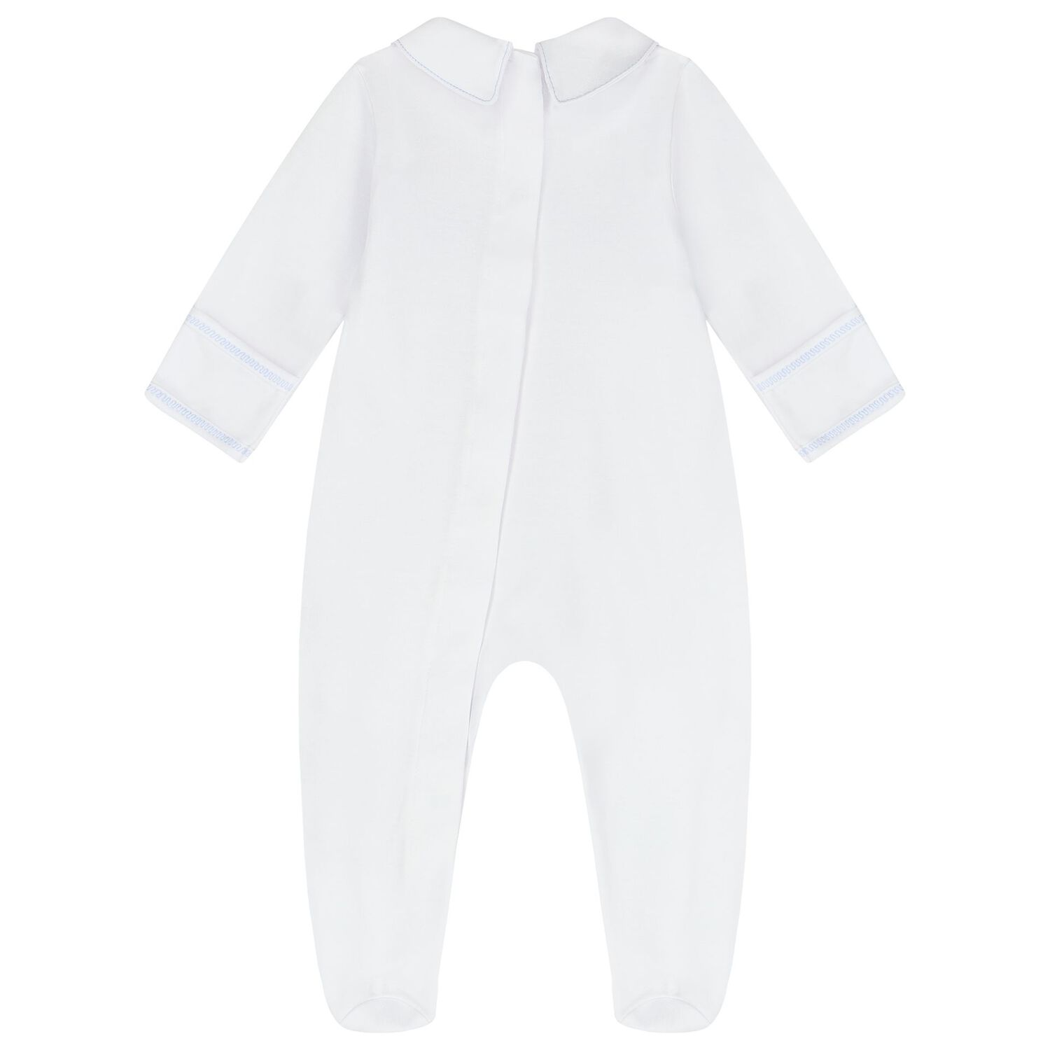 Baby Boys White and Blue Smocked Babygrow, 1, hi-res image number null