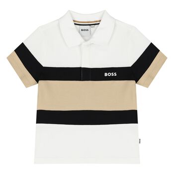 Younger Boys White, Black & Beige Logo Polo Shirt