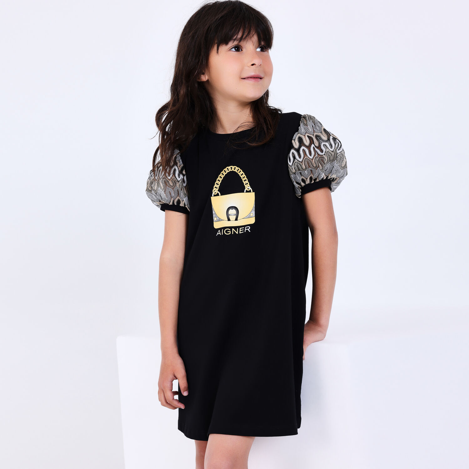 Girls Black Logo Bag Dress, 2, hi-res image number null