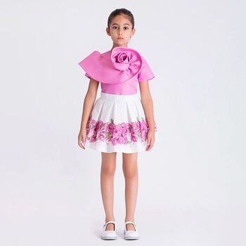 Girls Pink & White Floral Skirt Set