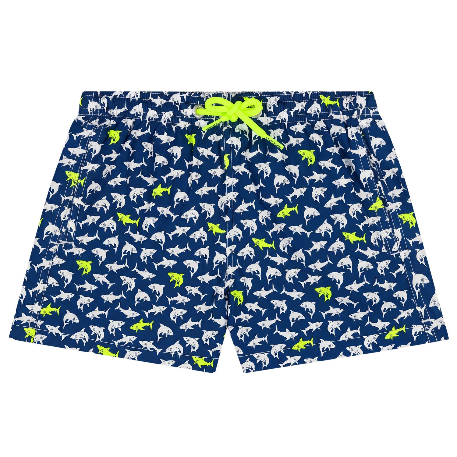 Boys Navy Blue Sharks Swim Shorts, 1, hi-res