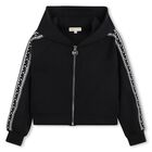 Girls Black Logo Hooded Zip Up Top, 1, hi-res