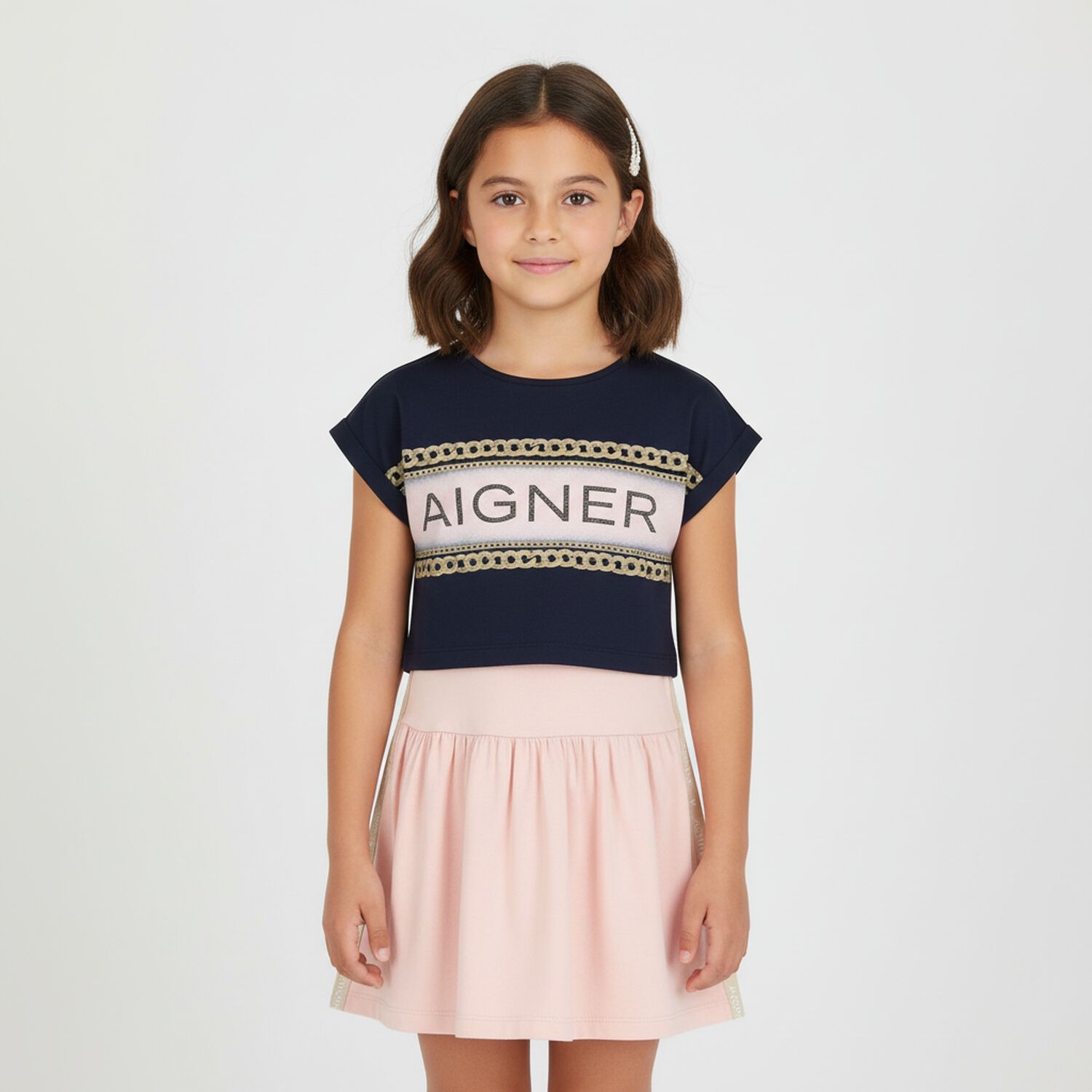 Girls Pink and Navy Blue Logo Dress Set, 2, hi-res