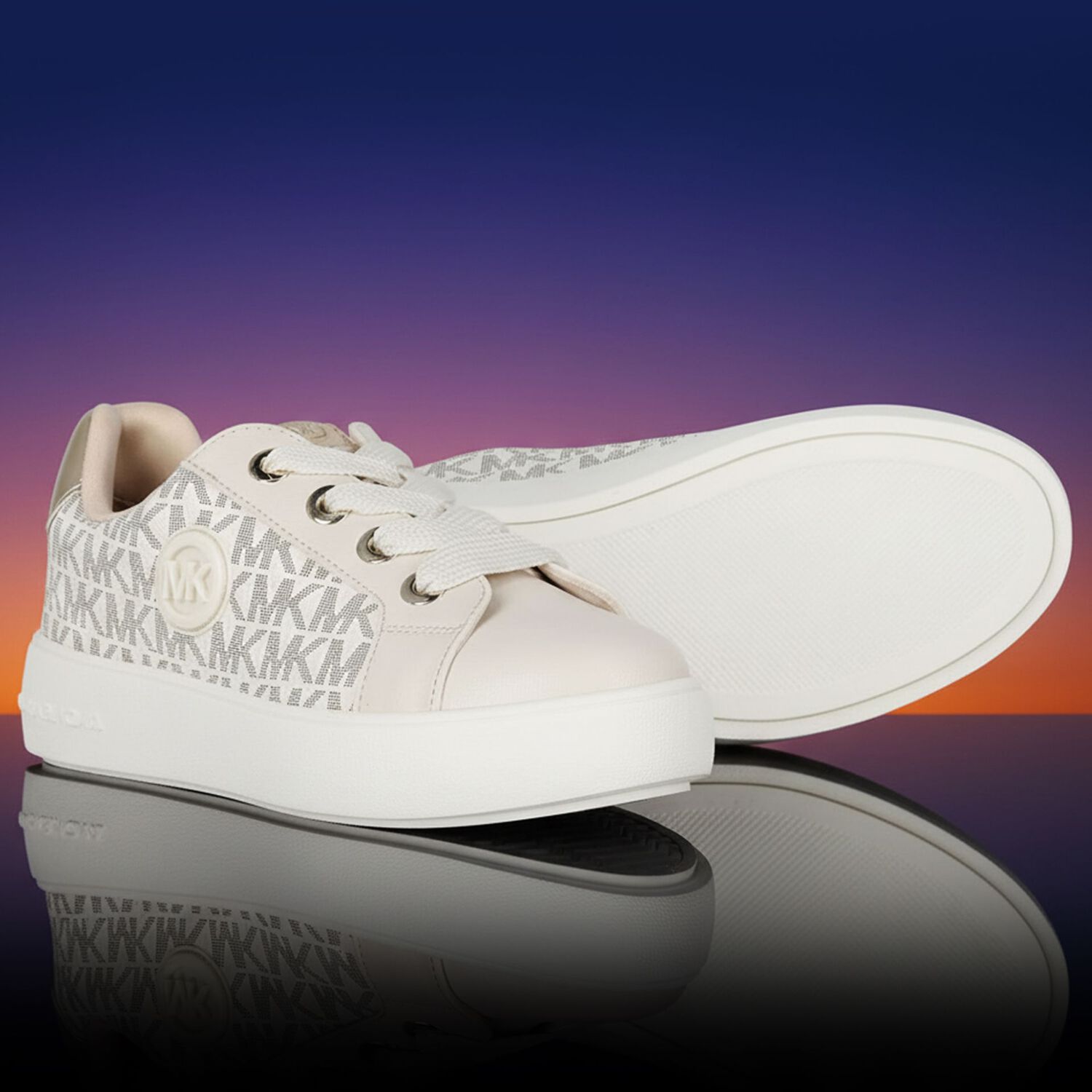 Girls Ivory & Gold Logo Trainers, 1, hi-res