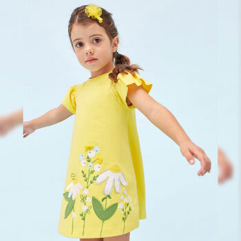 Girls Yellow Embroidered Flower Dress