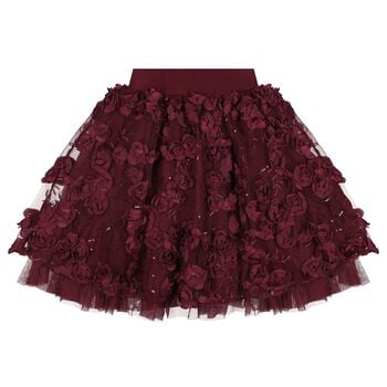 Girls Burgundy 3D Flower & Sequin Tulle Aliza Skirt