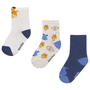 Younger Boys White, Navy Blue & Beige Socks ( 3-Pack ) 