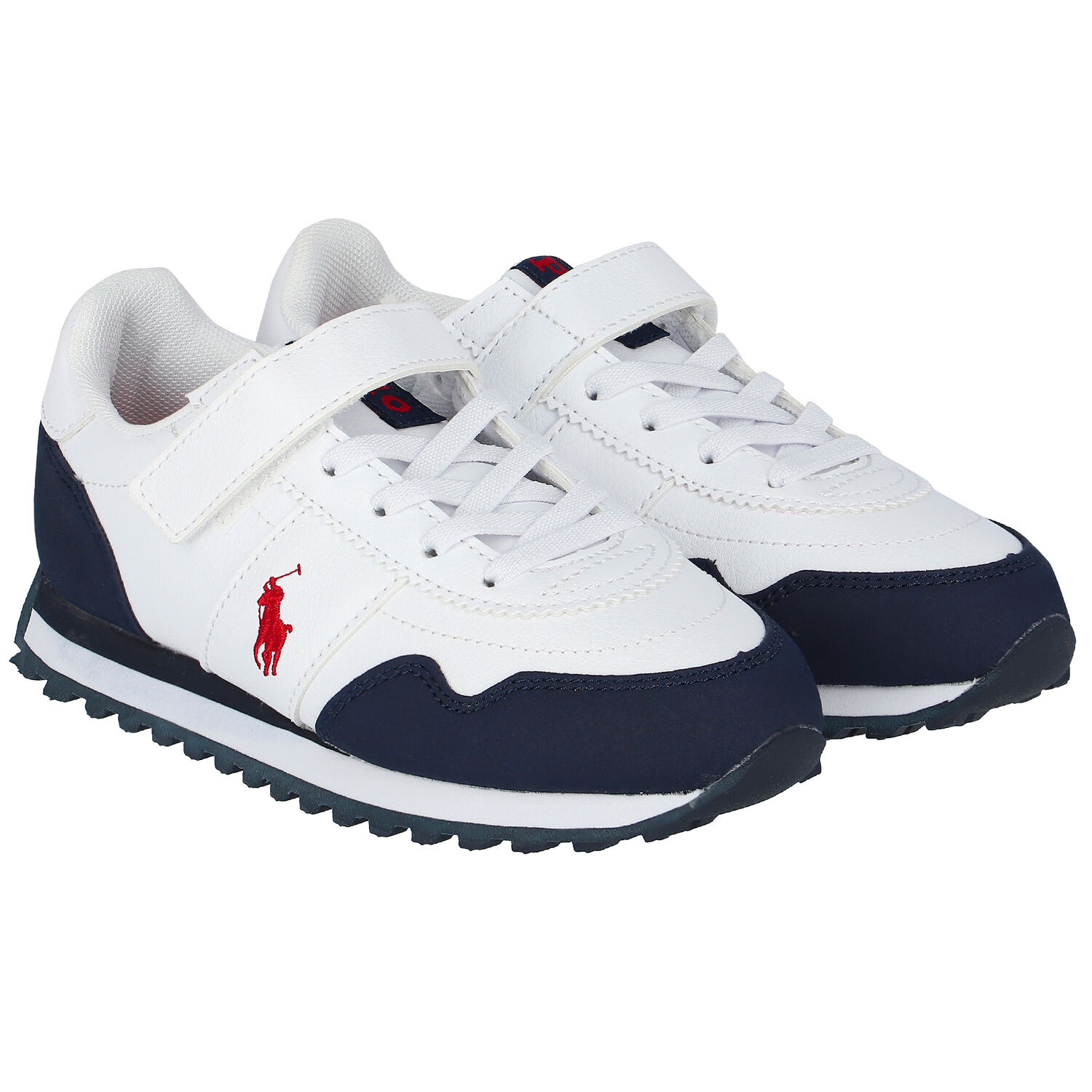 Boys White & Navy Logo Trainers, 1, hi-res