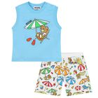 Blue & White Teddy Bear Logo Shorts Set, 2, hi-res