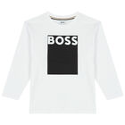 Boys White Logo Long Sleeve Top, 1, hi-res