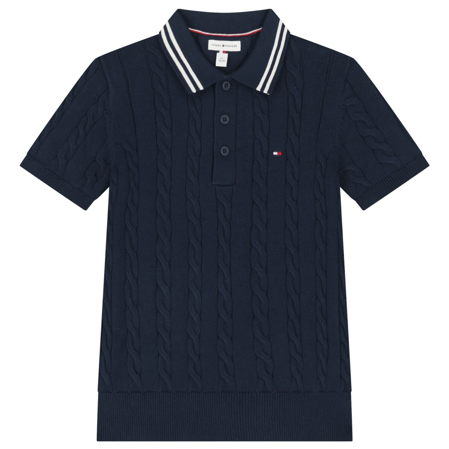 Boys Navy Blue Cable Knit Polo Shirt, 1, hi-res