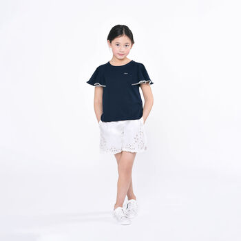 Girls Navy Blue Logo Ruffle Sleeve T-Shirt