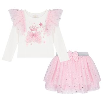 Girls Pink & Ivory Tulle Fairy Wings Skirt Set