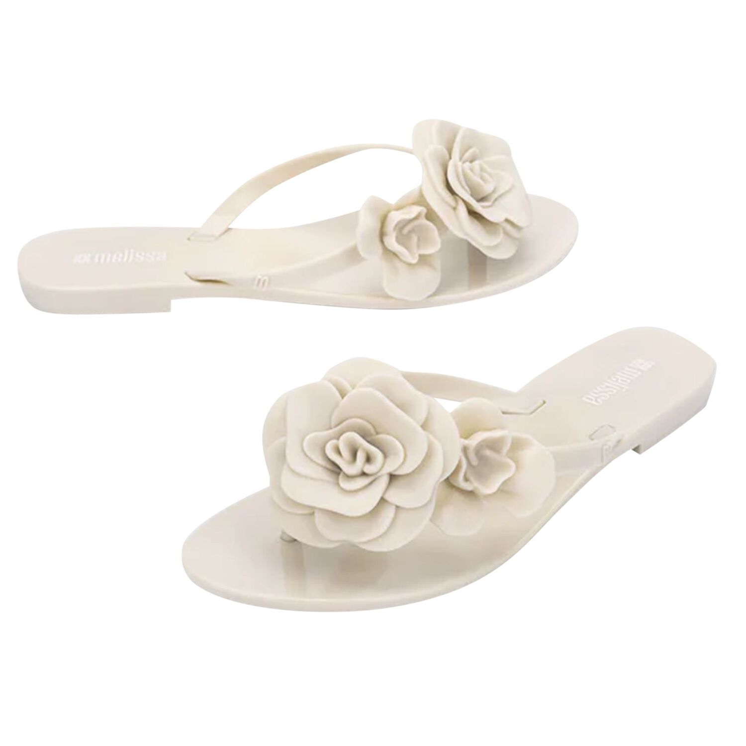 Girls Beige Logo Flower Flip Flops, 1, hi-res