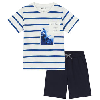 Boys White & Navy Striped Shorts Set