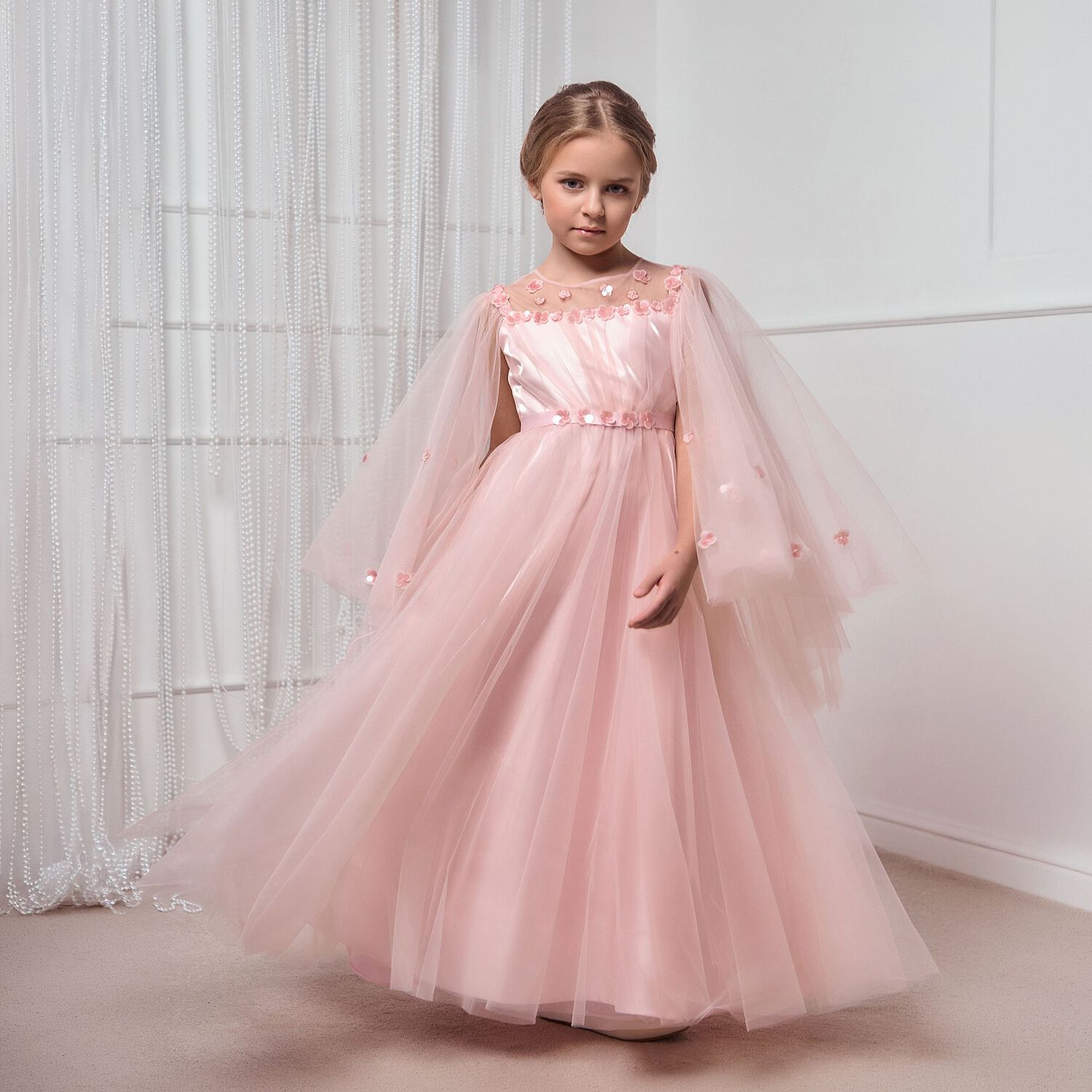 Girls Cornelia Pink Layered Tulle Floral Dress, 1, hi-res