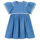 Girls Denim Blue Floral Lace Dress, 1, hi-res