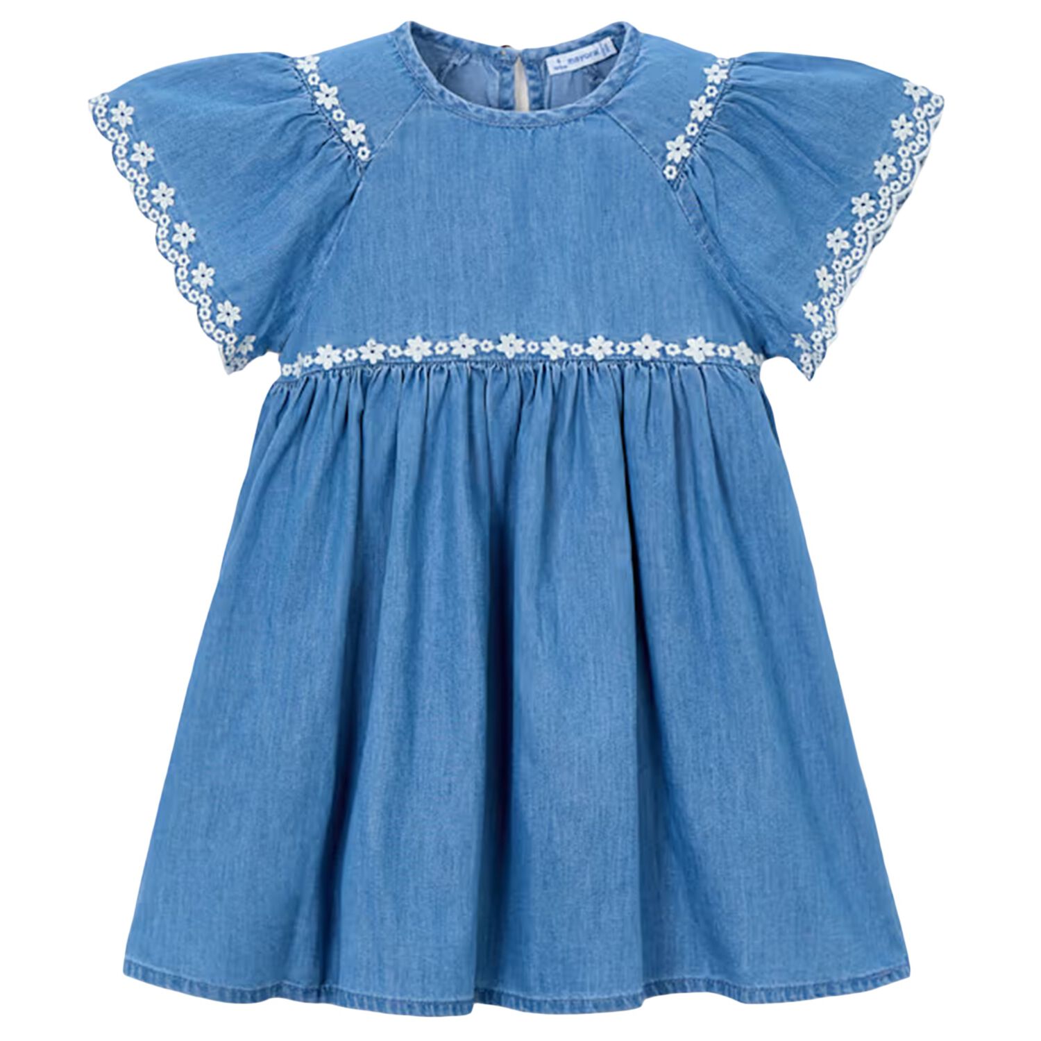 Girls Denim Blue Floral Lace Dress, 1, hi-res