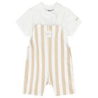 Baby Boys White & Beige Striped Logo Dungaree Set, 1, hi-res