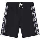 Boys Navy Blue Logo Shorts, 1, hi-res