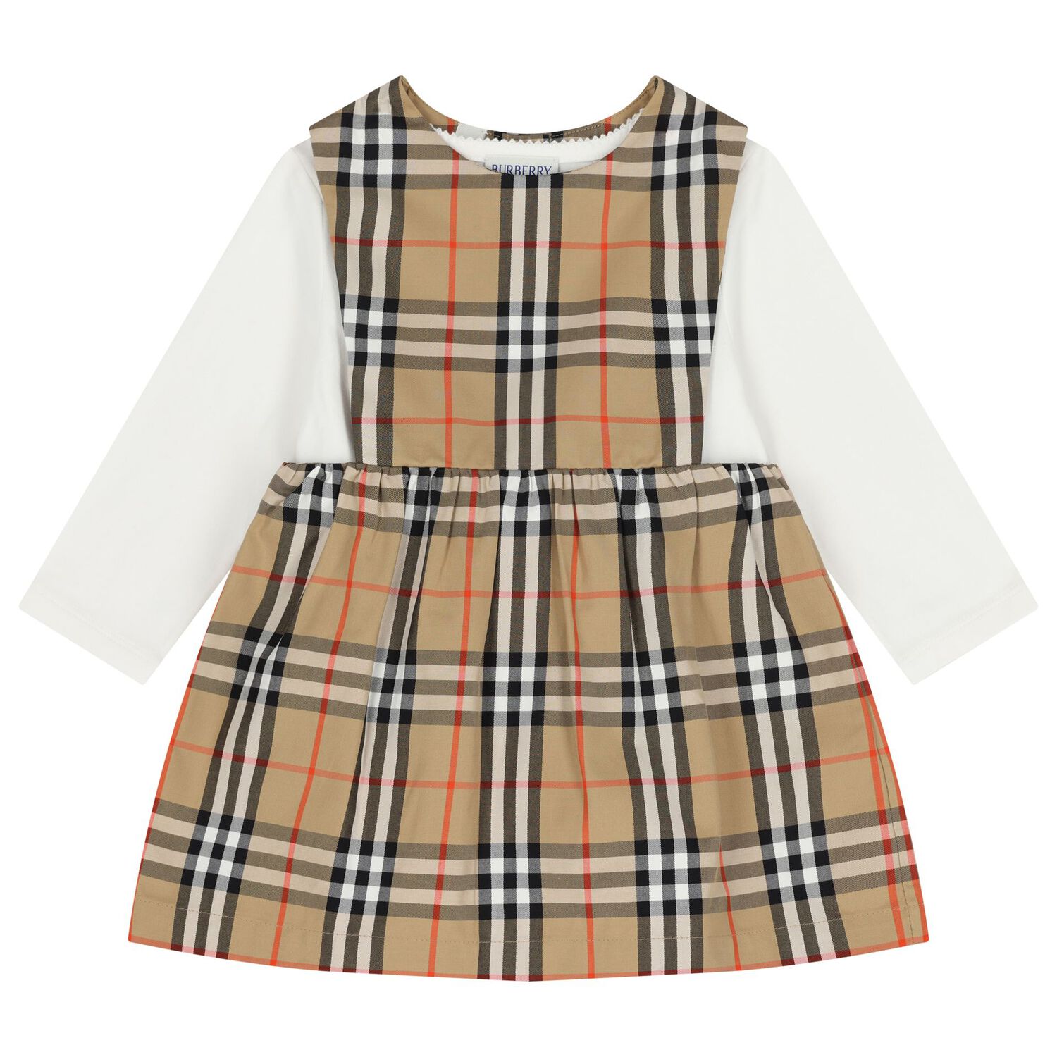 طقم فستان اطفال باللون البيج و الابيض للبنات , 1, hi-res