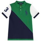 Boys Navy Blue & Green Logo Polo Shirt, 1, hi-res