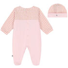 Girls Pink, Ivory & Gold Logo Babygrow & Hat Set, 2, hi-res